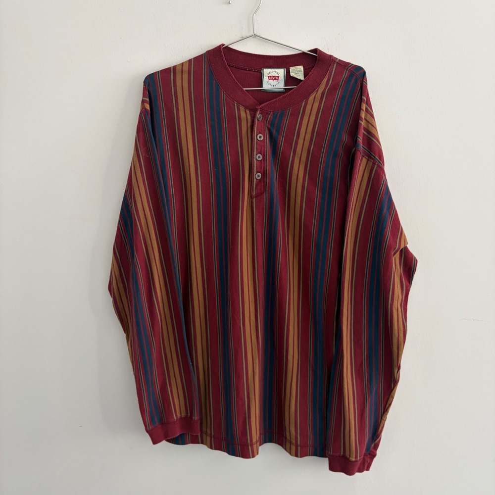 Vintage Levis Henley Shirt Mens Large Long Sleeve Striped Maroon Cotton Saipan